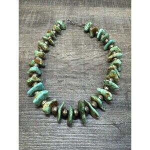 Rare Vtg Handmade Navajo Sterling Beads & Turquoise Nuggets Slab Necklace 81gr